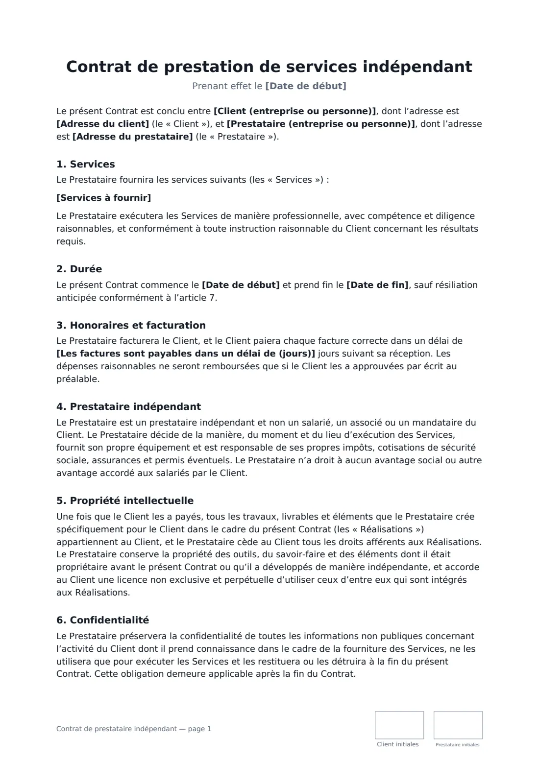 Contrat de prestataire indépendant — page 1 sur 2