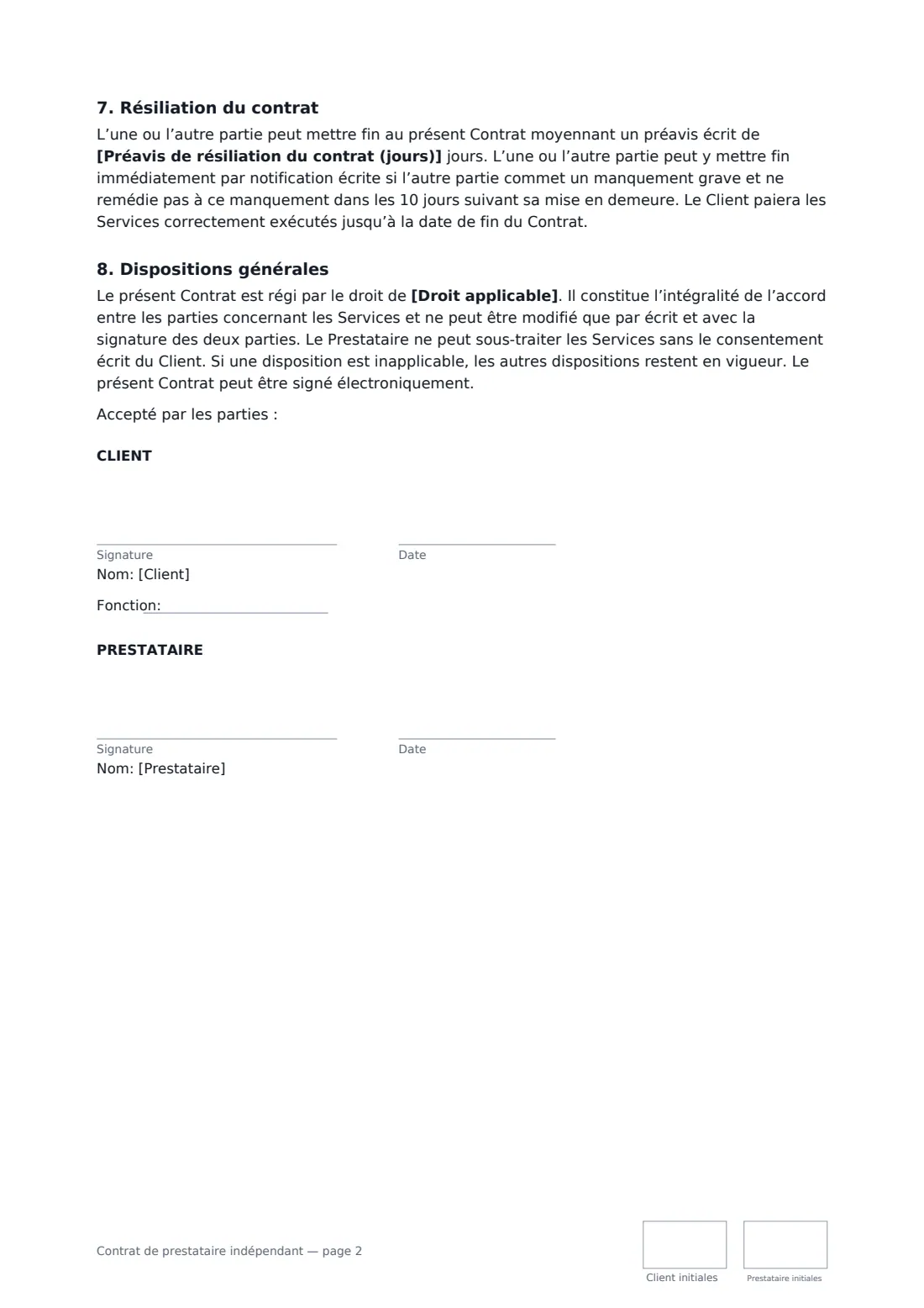 Contrat de prestataire indépendant — page 2 sur 2