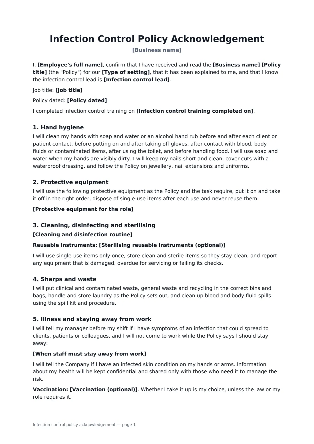 Infection control policy acknowledgement — page 1 of 2
