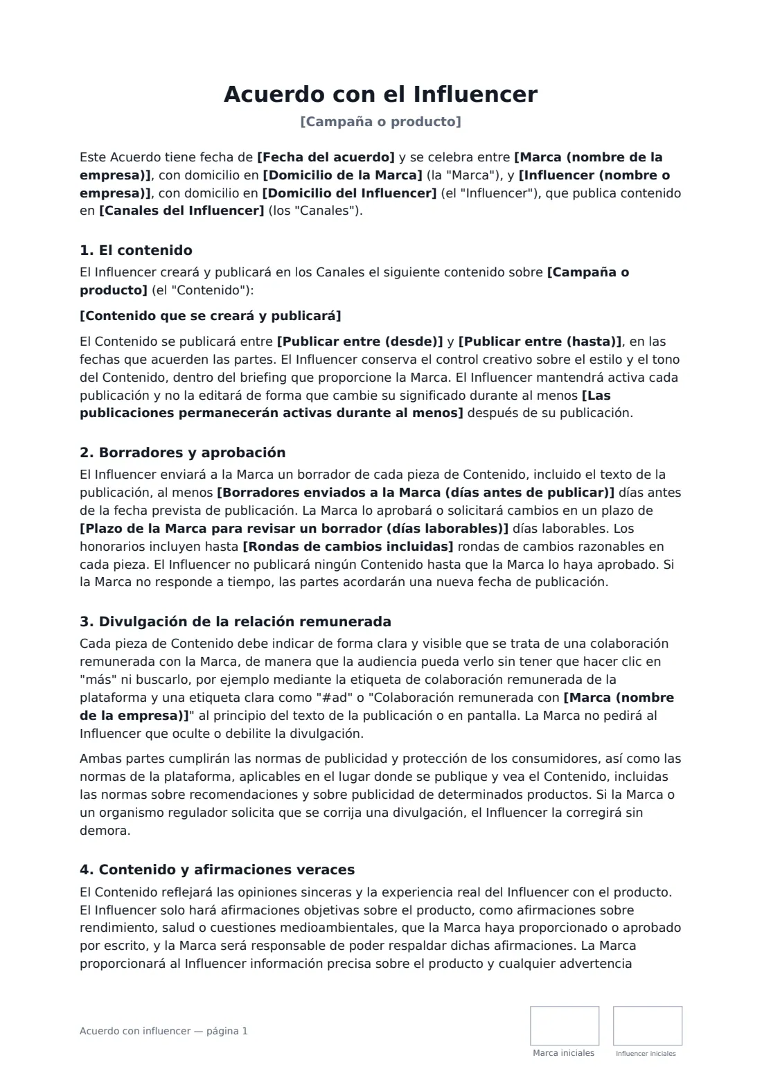 Acuerdo con influencer: página 1 de 3