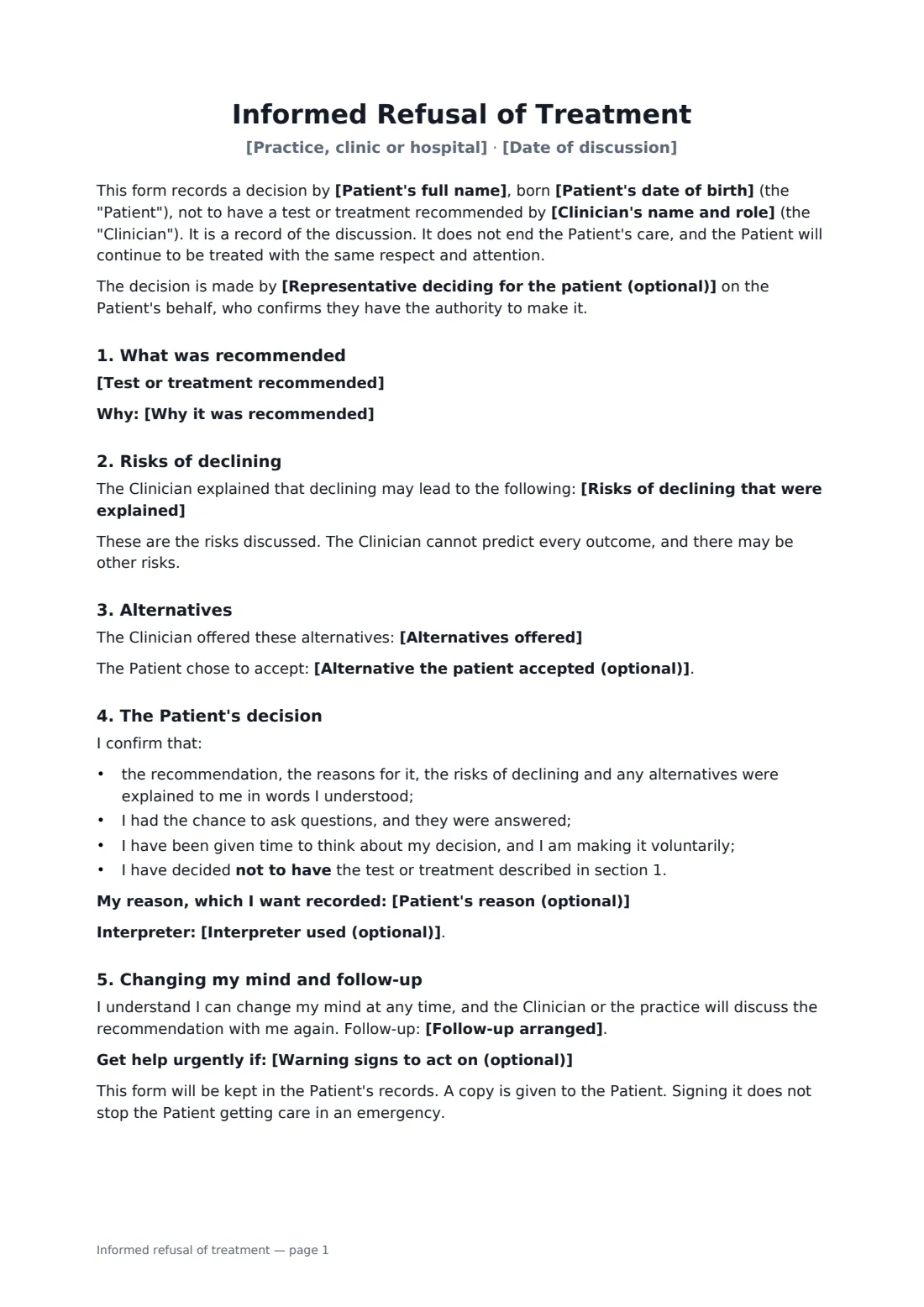 Informed refusal of treatment — page 1 of 2