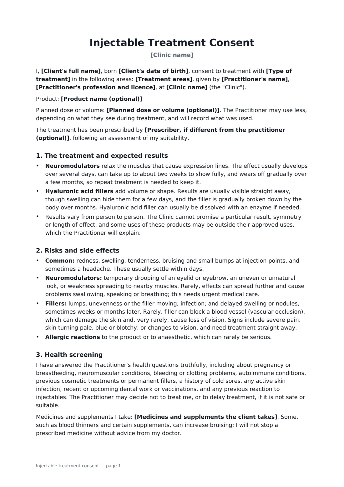 Injectable treatment consent — page 1 of 2