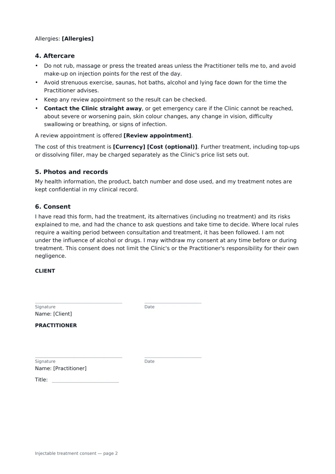 Injectable treatment consent — page 2 of 2