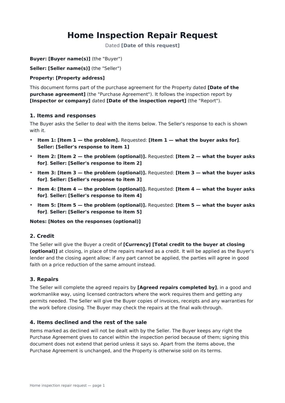 Home inspection repair request — page 1 of 2