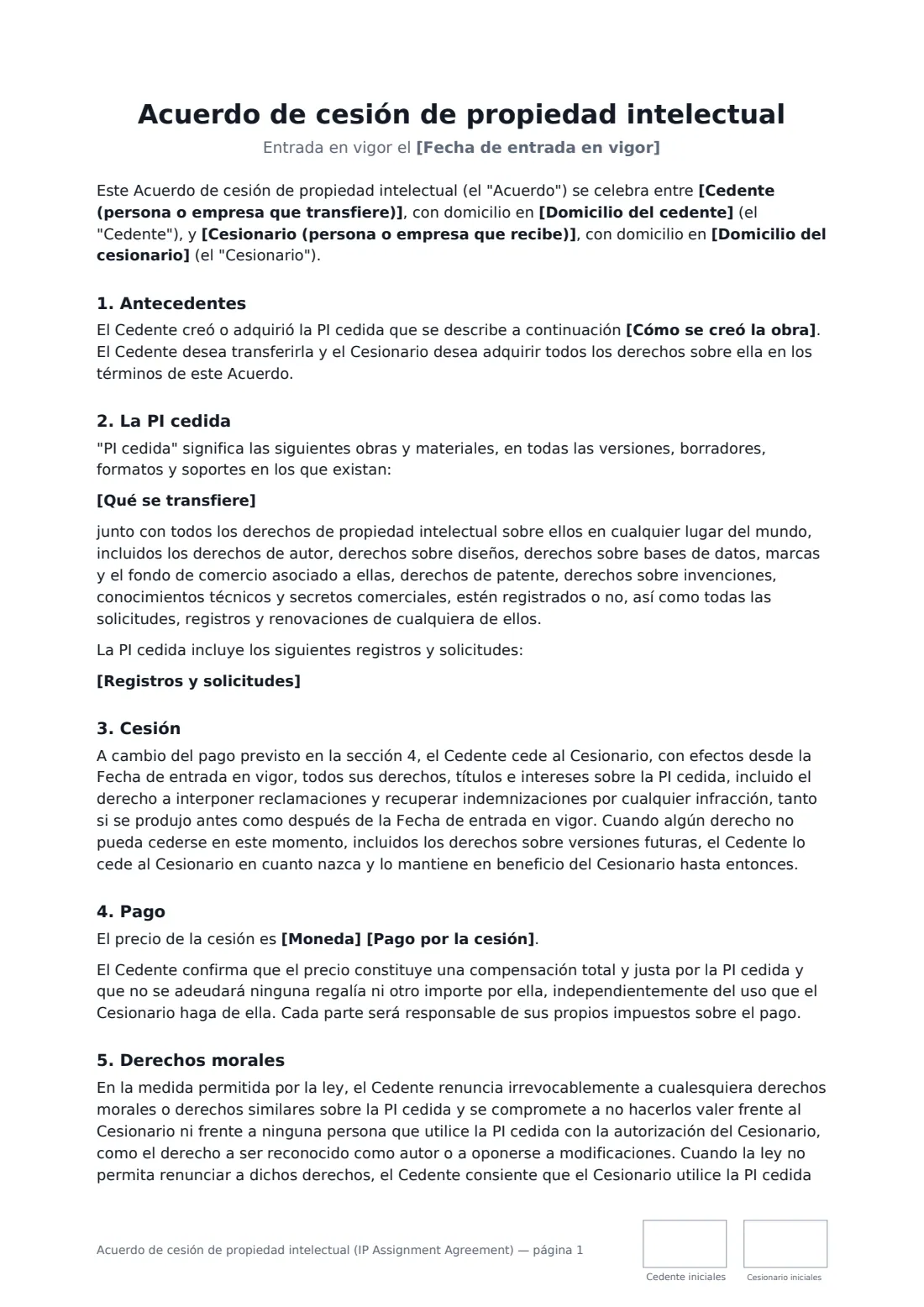 Acuerdo de cesión de propiedad intelectual (IP Assignment Agreement): página 1 de 3