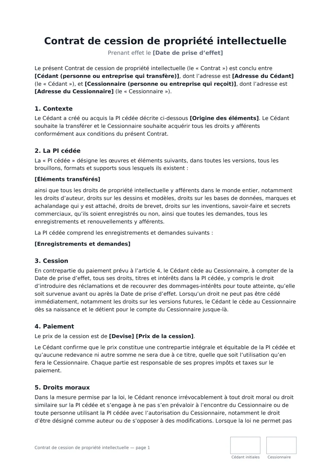 Contrat de cession de propriété intellectuelle — page 1 sur 3