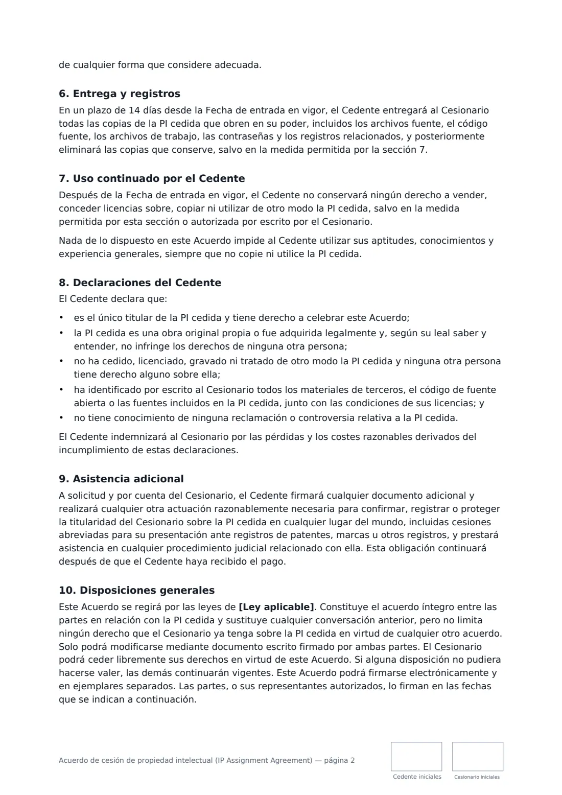 Acuerdo de cesión de propiedad intelectual (IP Assignment Agreement): página 2 de 3