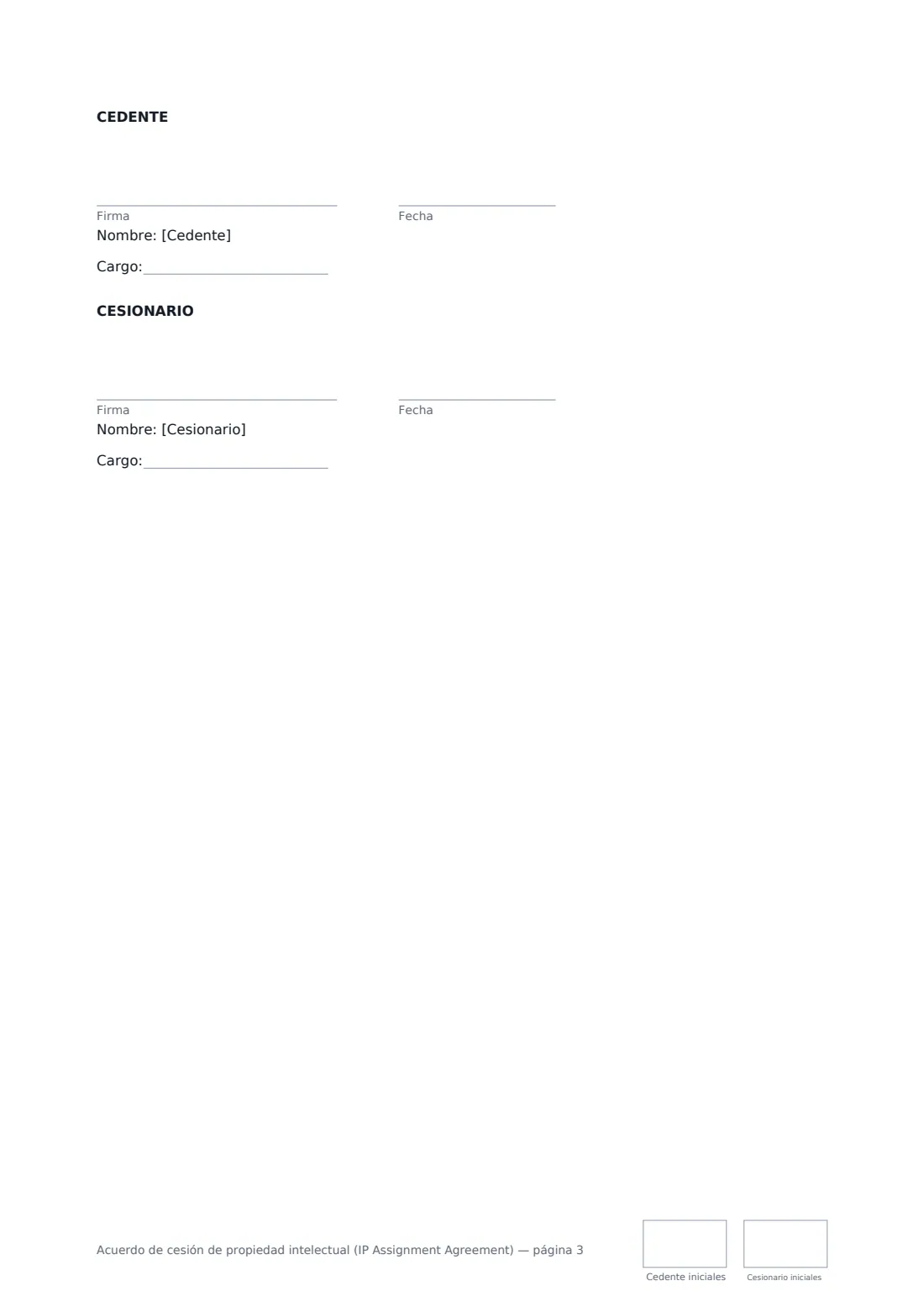 Acuerdo de cesión de propiedad intelectual (IP Assignment Agreement): página 3 de 3