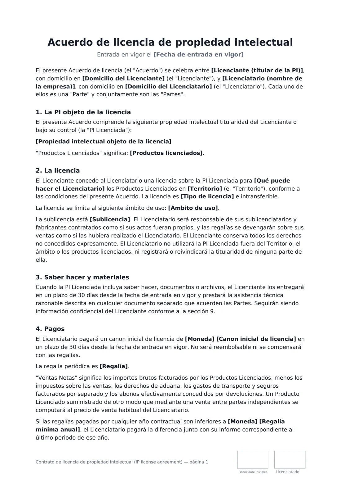 Contrato de licencia de propiedad intelectual (IP license agreement): página 1 de 4