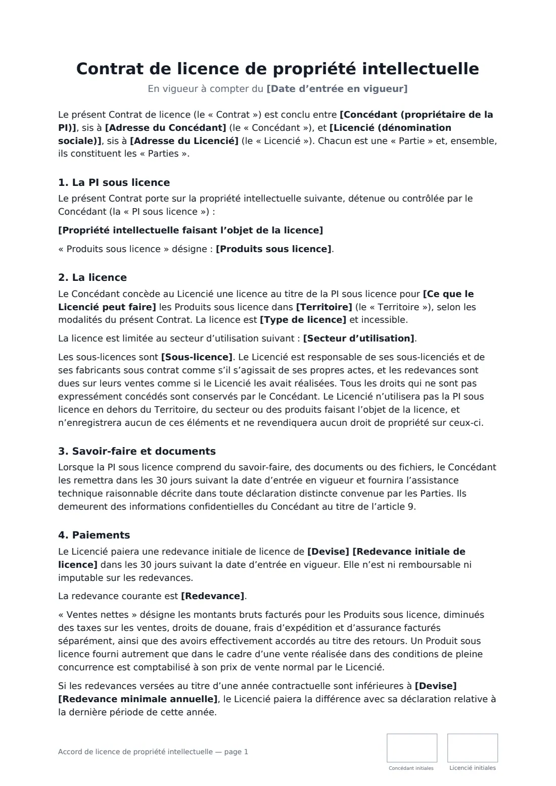 Accord de licence de propriété intellectuelle — page 1 sur 4