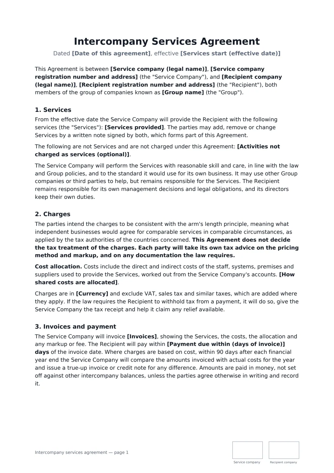 Intercompany services agreement — page 1 of 3