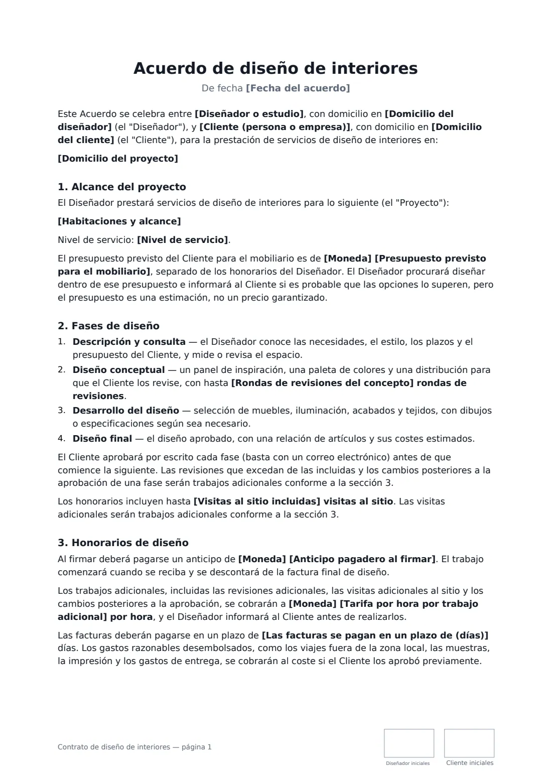 Contrato de diseño de interiores: página 1 de 3