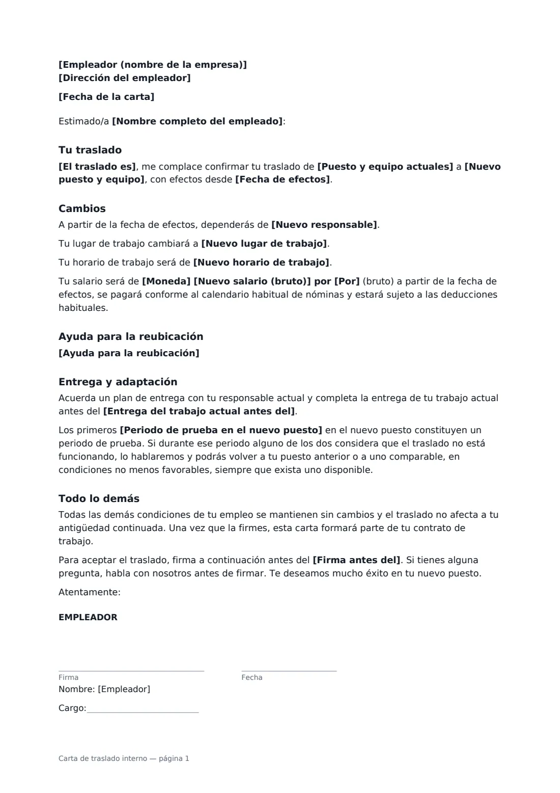 Carta de traslado interno: página 1 de 2