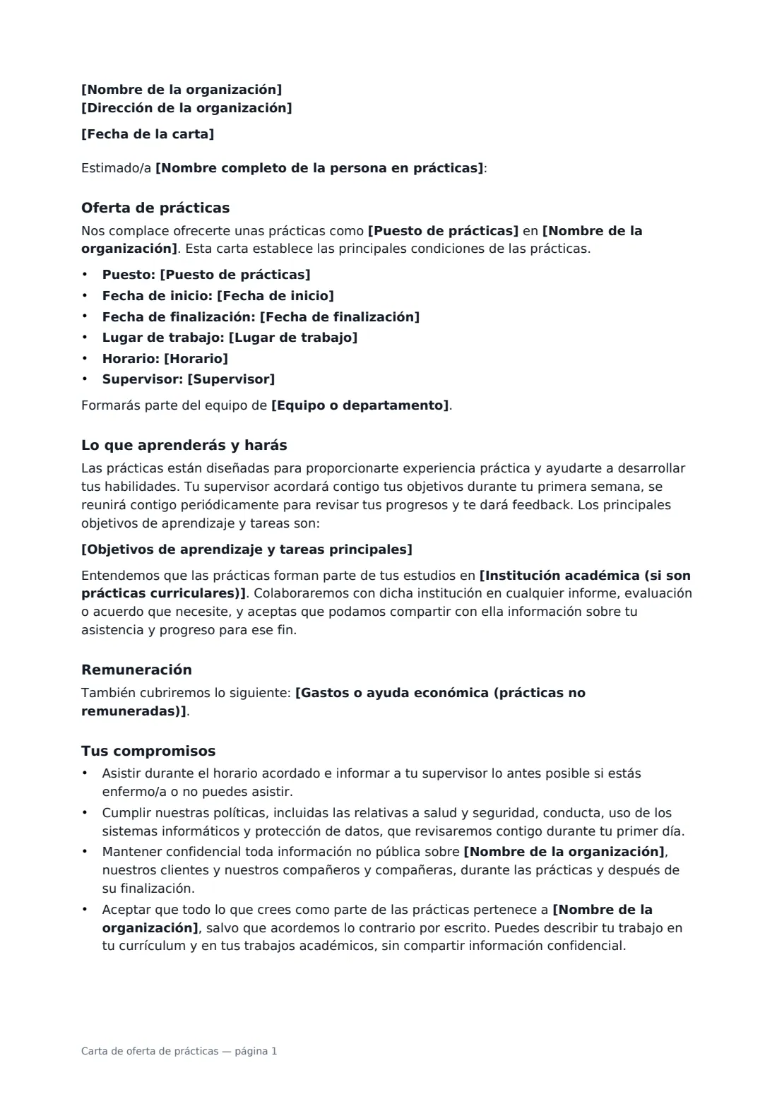 Carta de oferta de prácticas: página 1 de 2