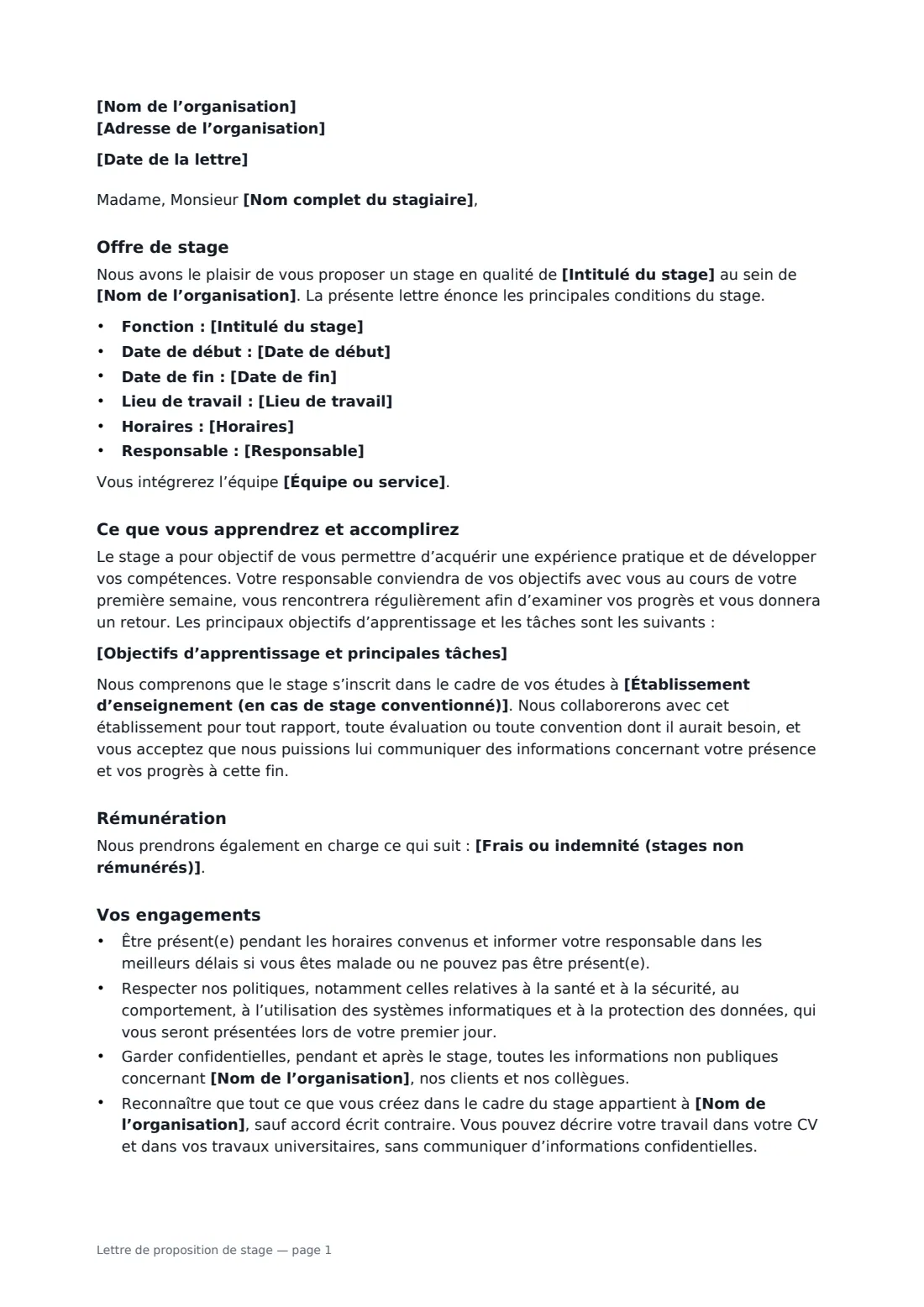 Lettre de proposition de stage — page 1 sur 2