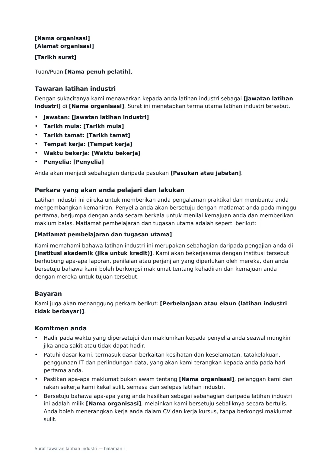Surat tawaran latihan industri — halaman 1 daripada 2