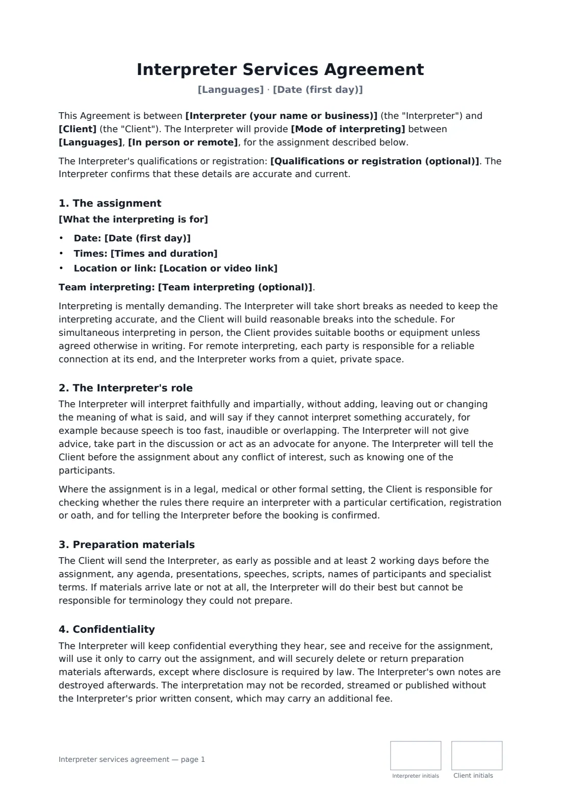 Interpreter services agreement — page 1 of 2