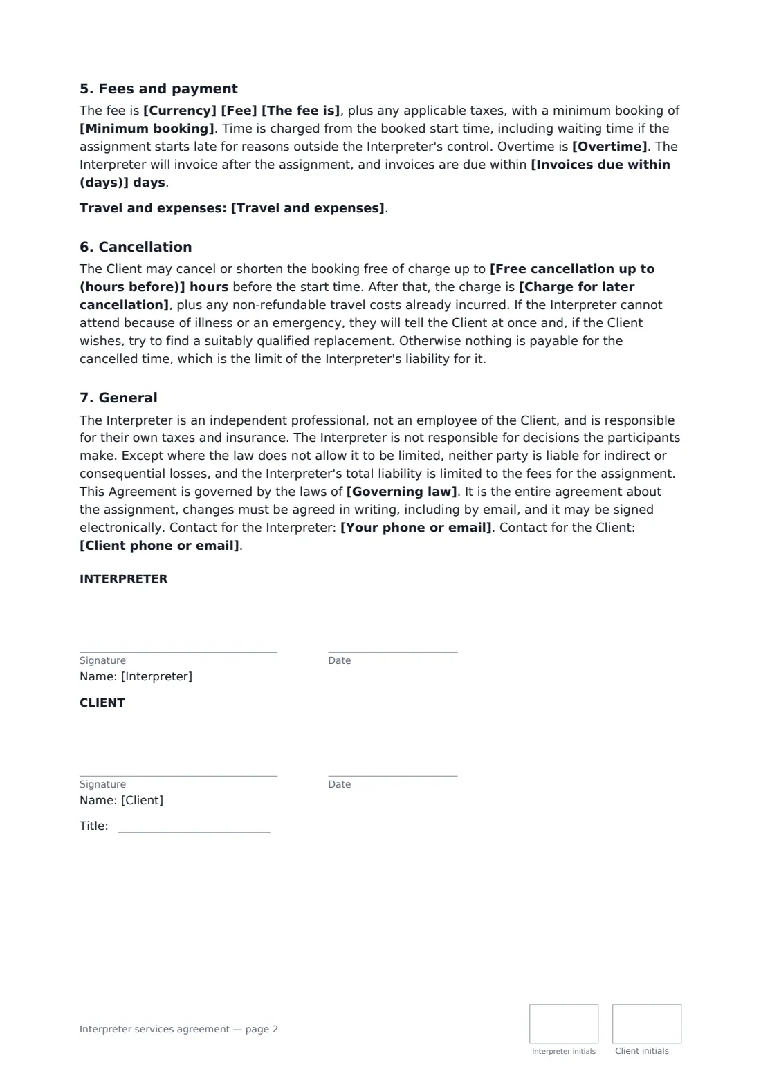 Interpreter services agreement — page 2 of 2