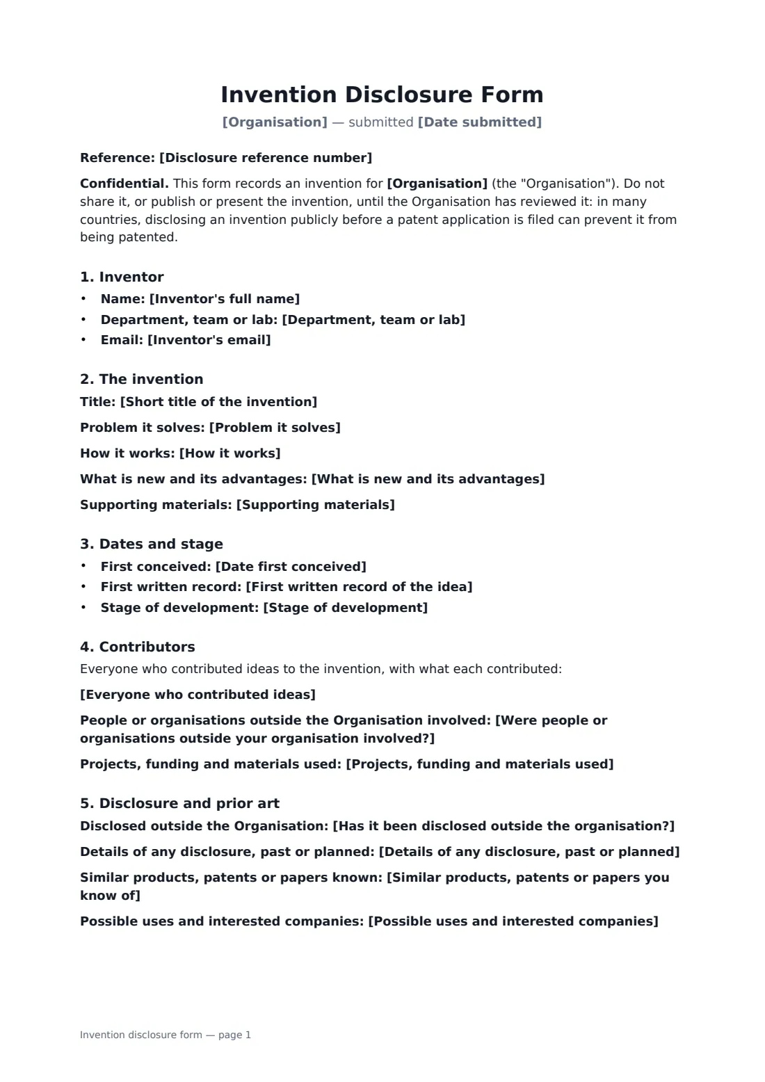 Invention disclosure form — page 1 of 2