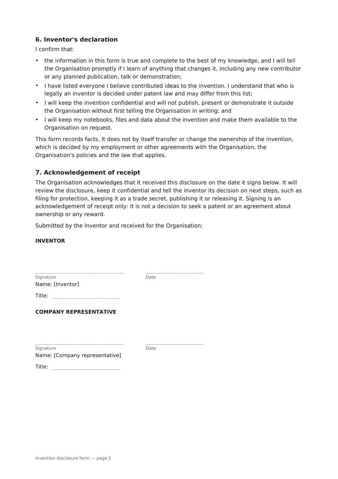 Invention disclosure form — page 2 of 2