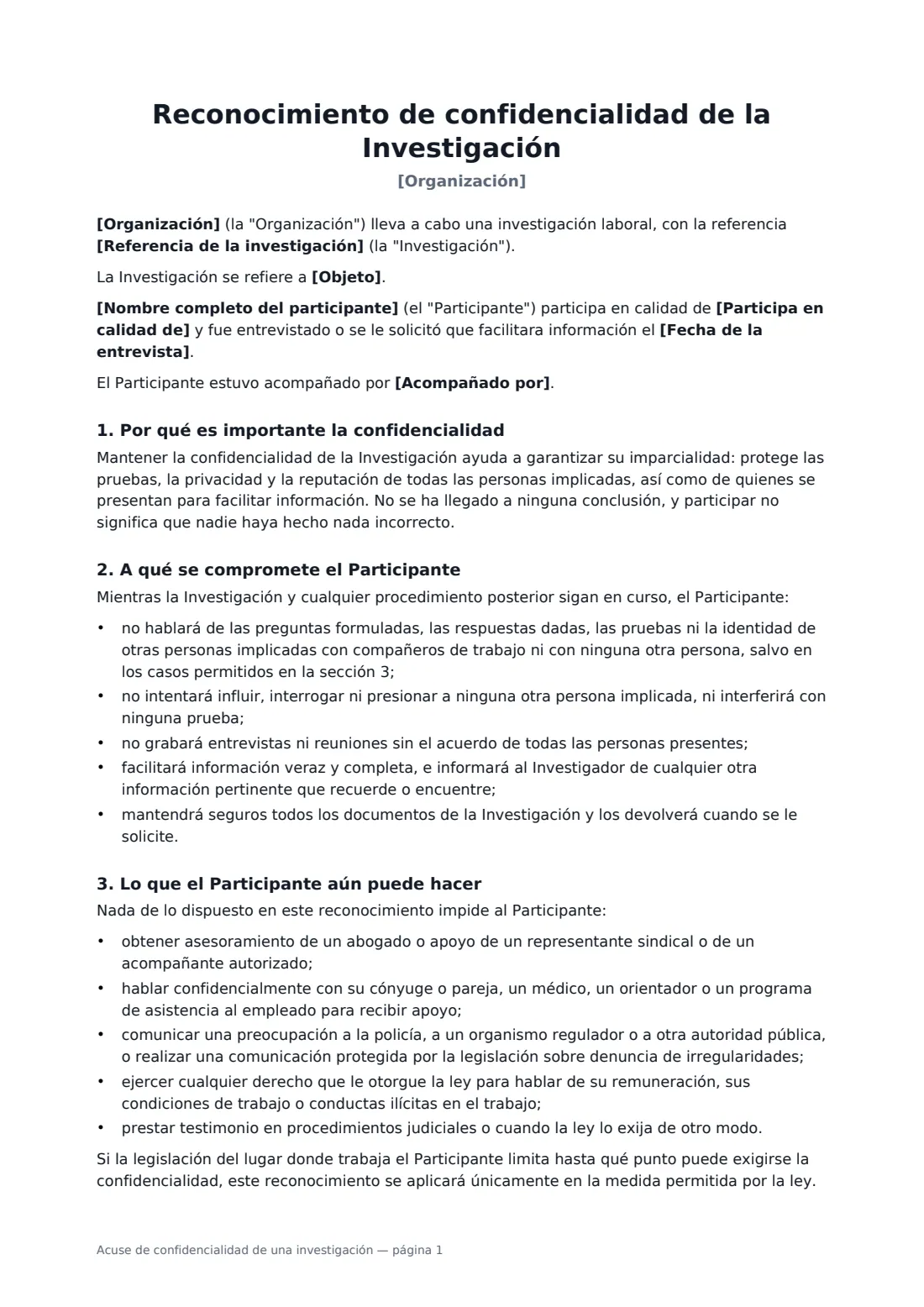 Acuse de confidencialidad de una investigación: página 1 de 2