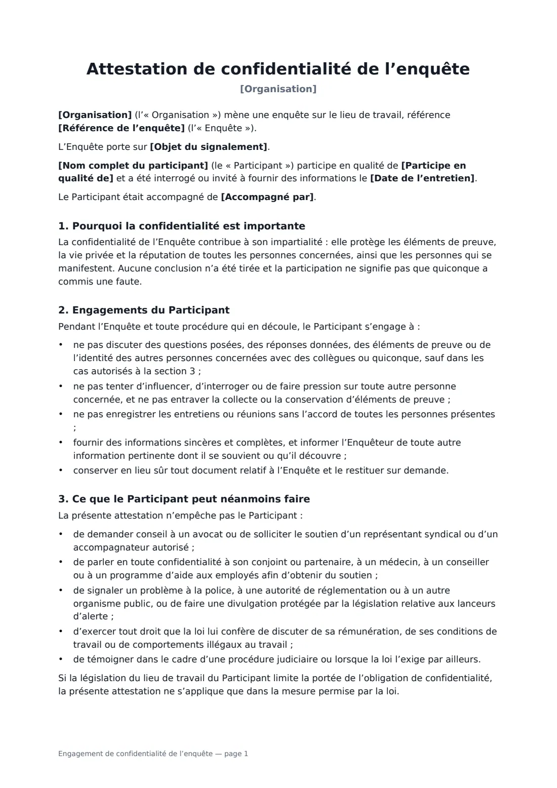 Engagement de confidentialité de l’enquête — page 1 sur 2