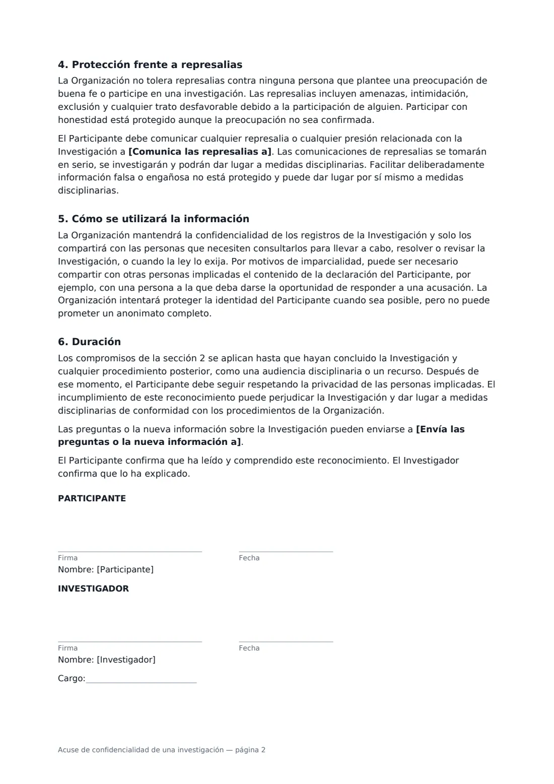 Acuse de confidencialidad de una investigación: página 2 de 2