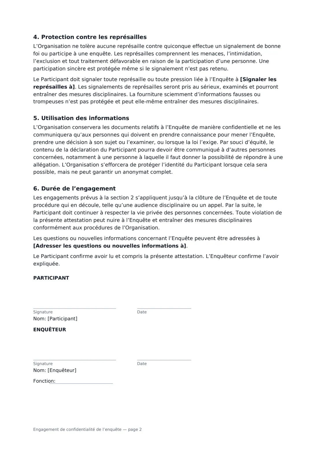 Engagement de confidentialité de l’enquête — page 2 sur 2