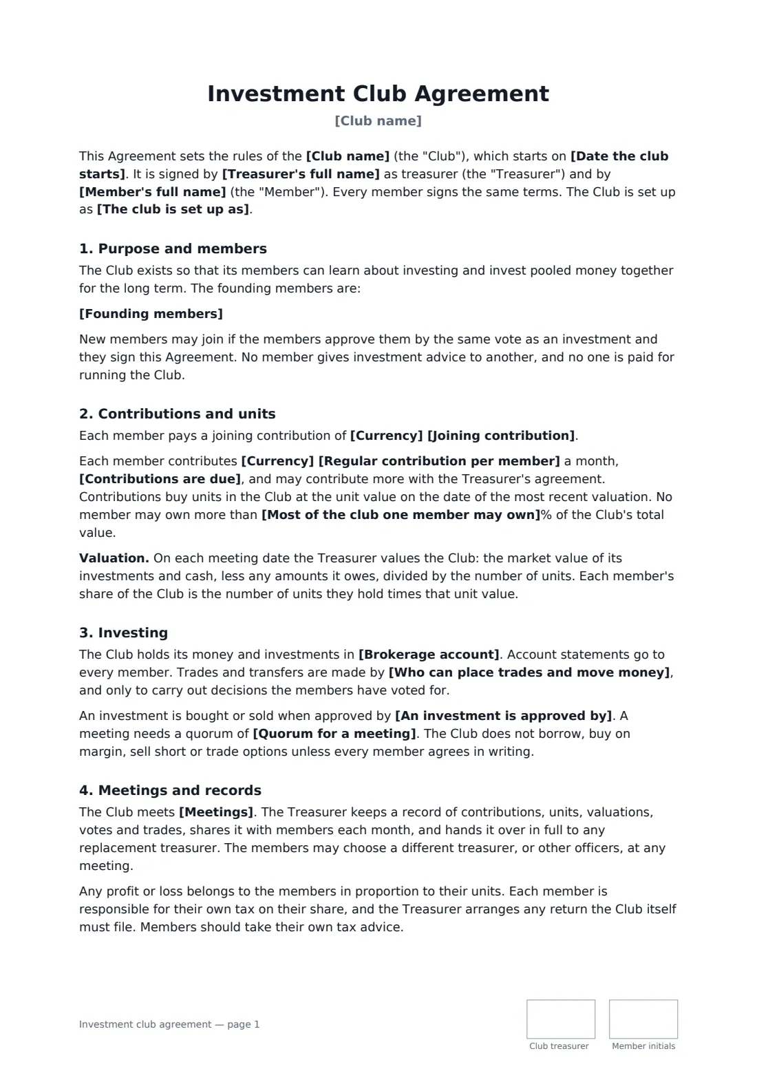 Investment club agreement — page 1 of 2