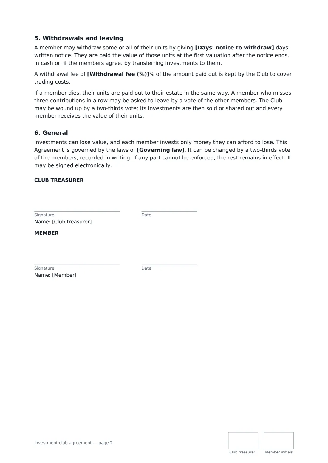 Investment club agreement — page 2 of 2