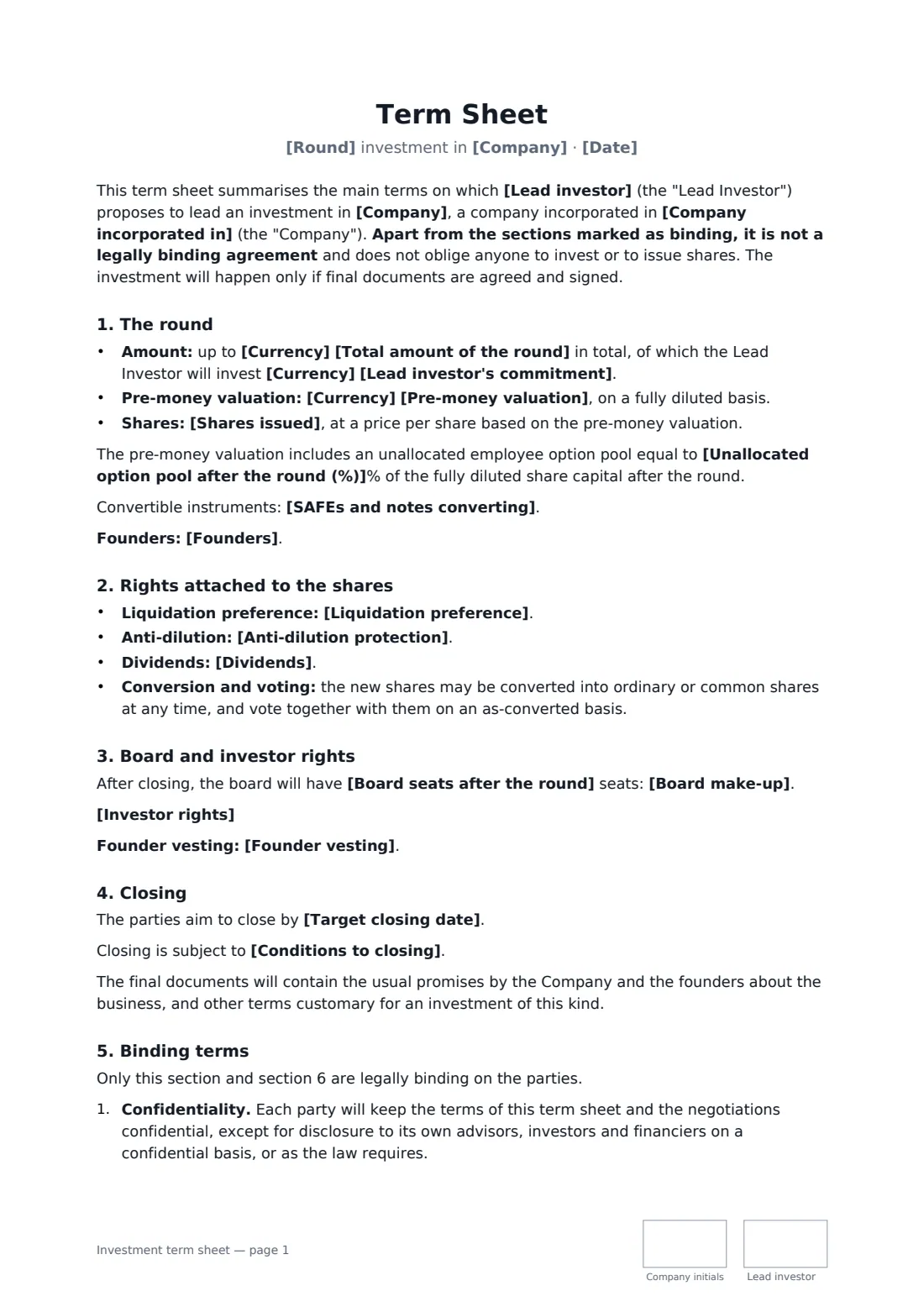 Investment term sheet — page 1 of 2