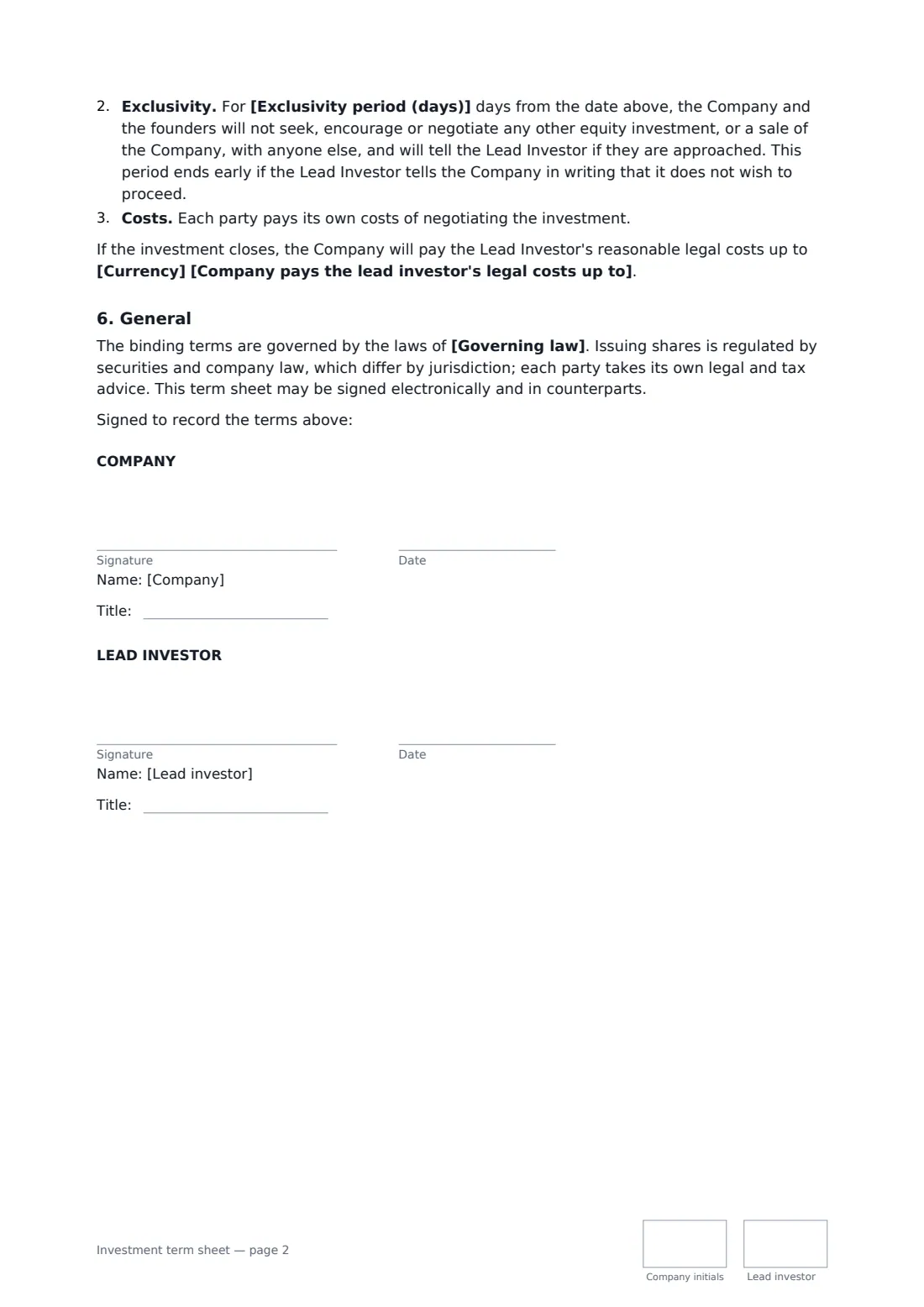 Investment term sheet — page 2 of 2
