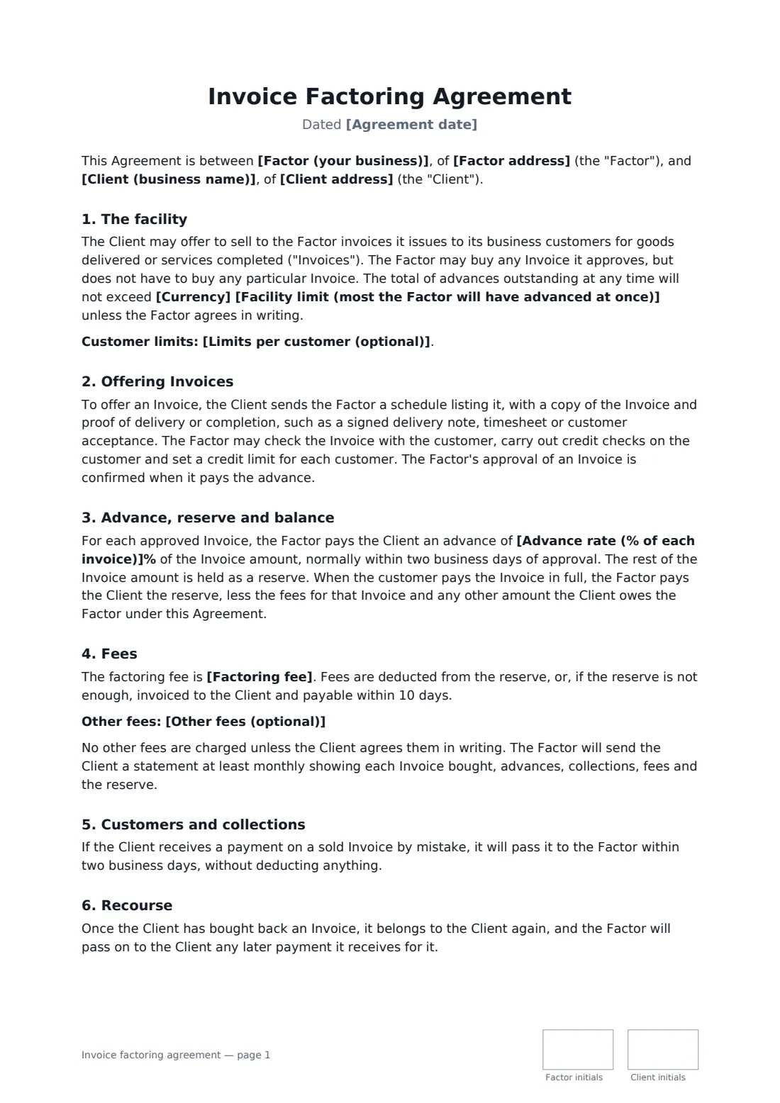 Invoice factoring agreement — page 1 of 3