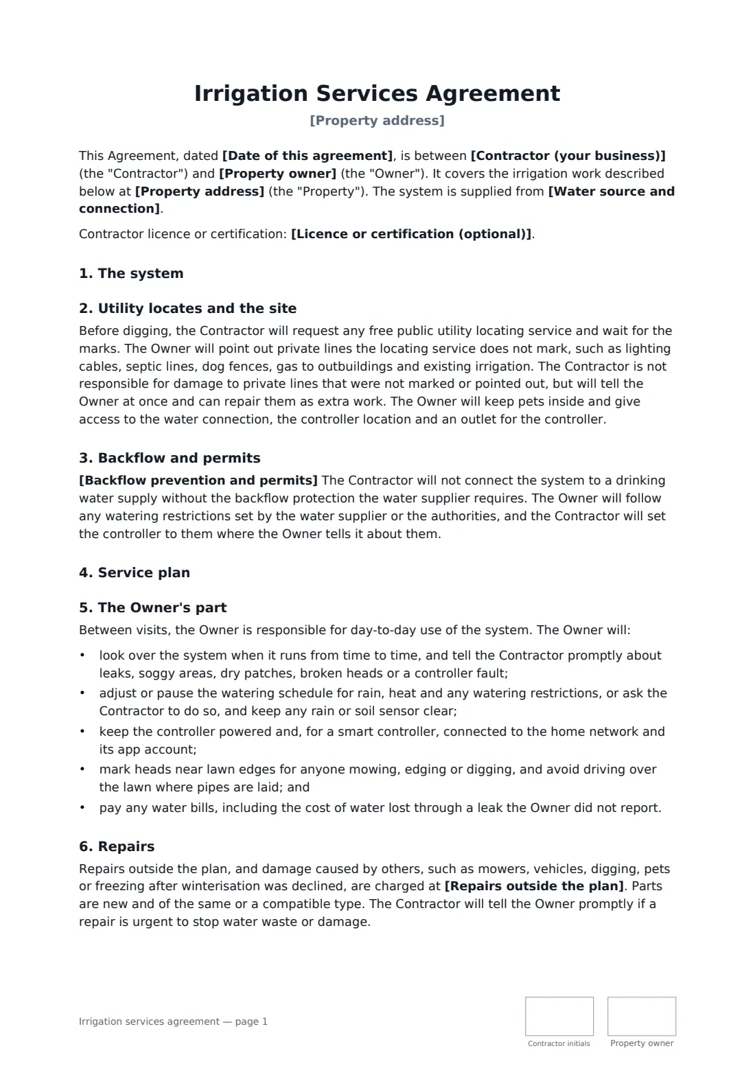 Irrigation services agreement — page 1 of 2