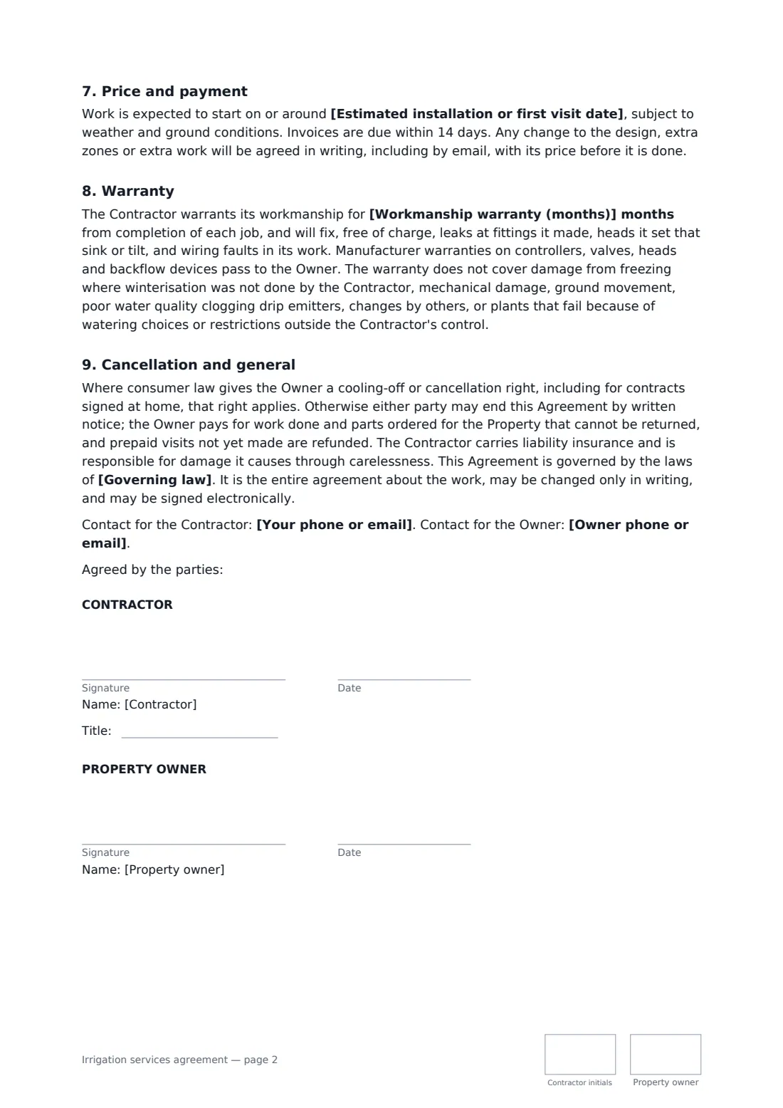 Irrigation services agreement — page 2 of 2