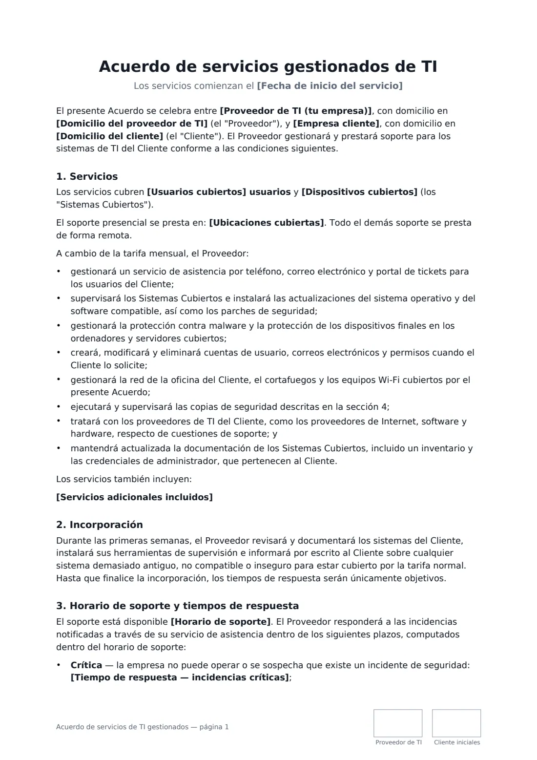 Acuerdo de servicios de TI gestionados: página 1 de 4