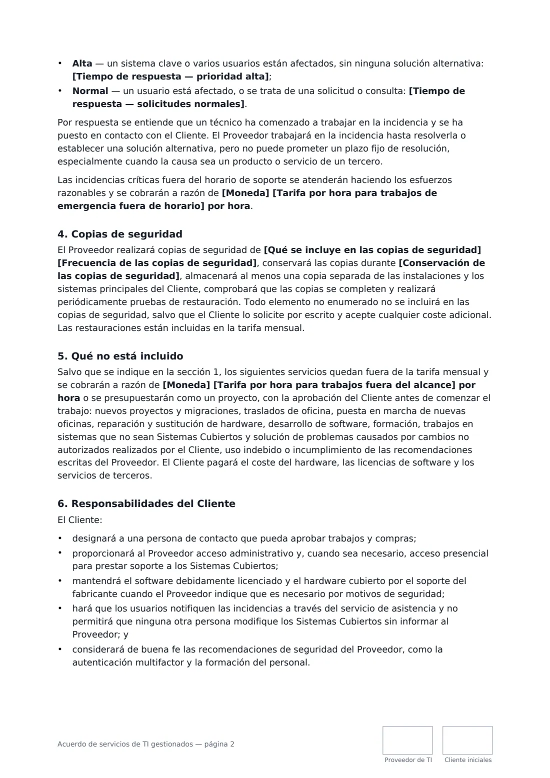 Acuerdo de servicios de TI gestionados: página 2 de 4
