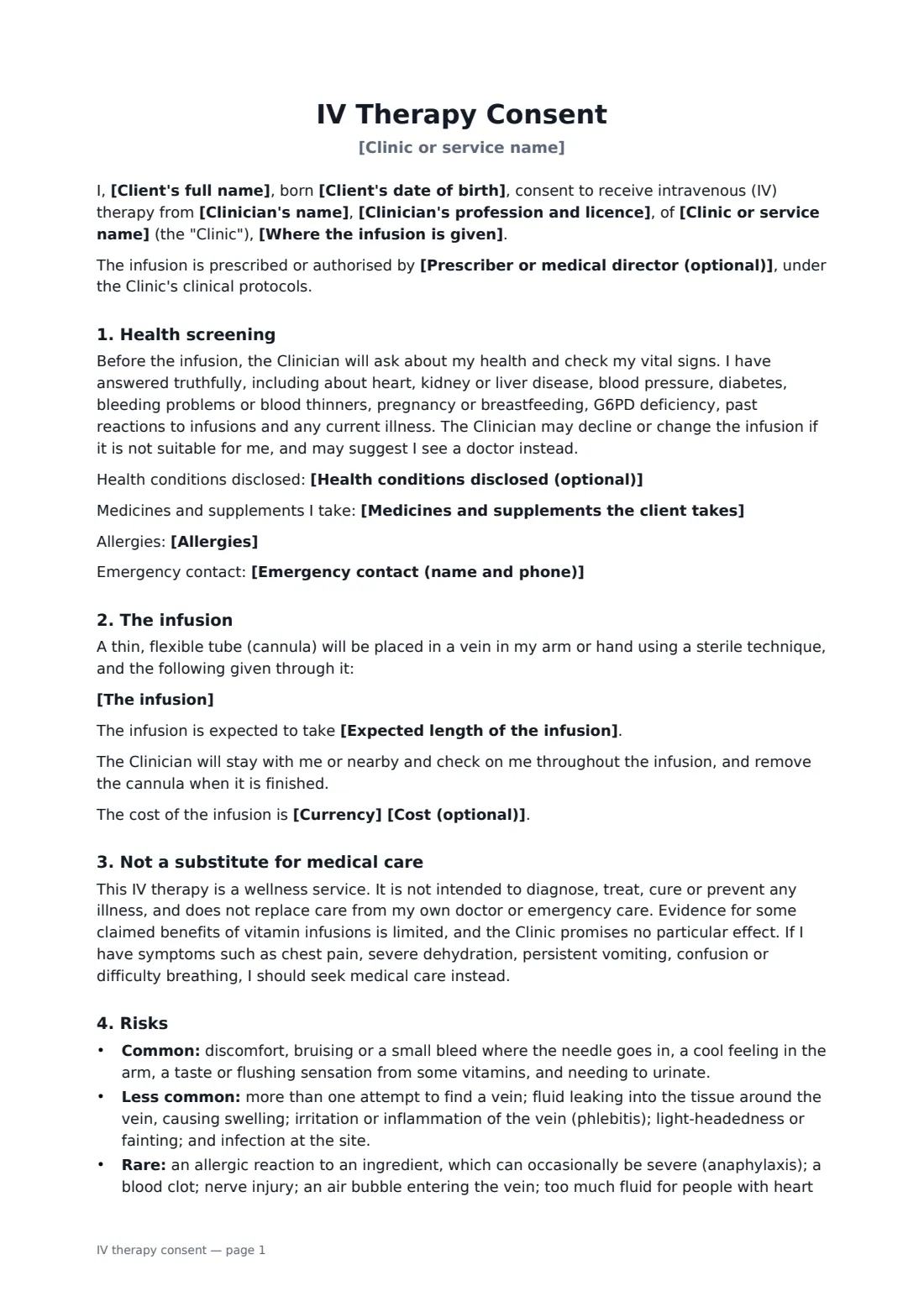 IV therapy consent — page 1 of 2
