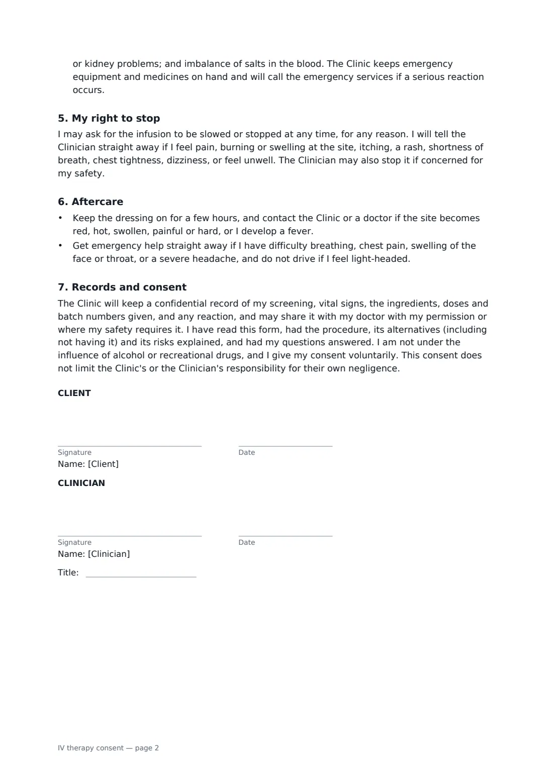 IV therapy consent — page 2 of 2