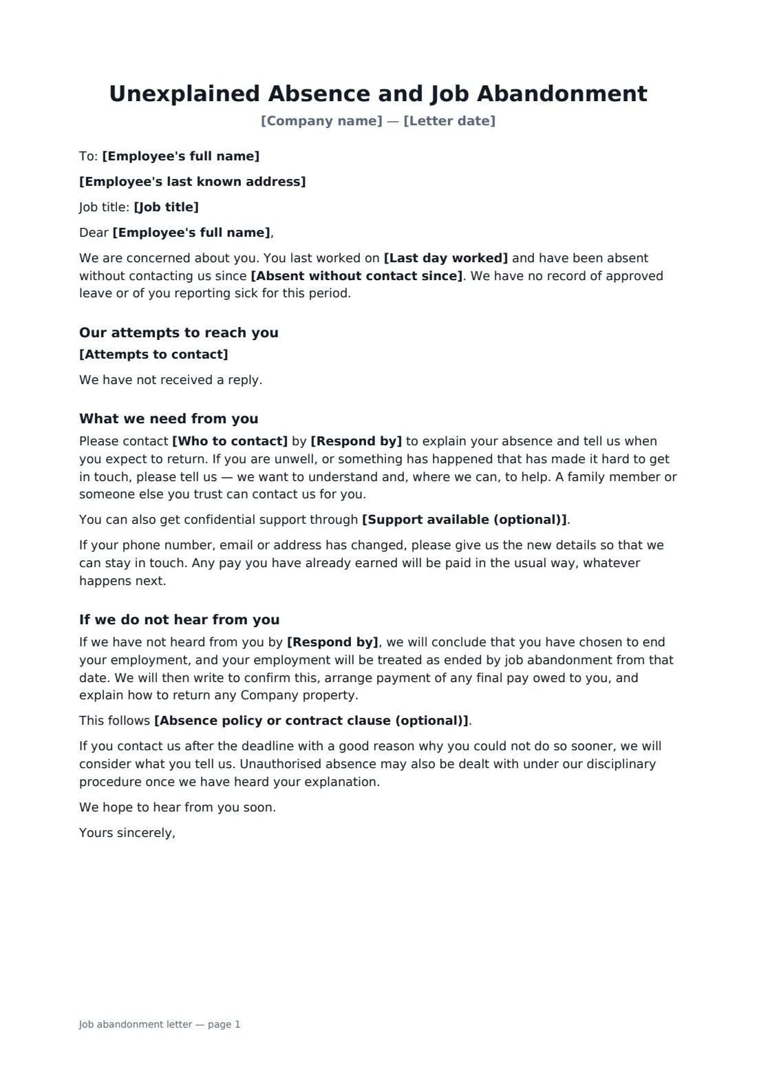 Job abandonment letter — page 1 of 2