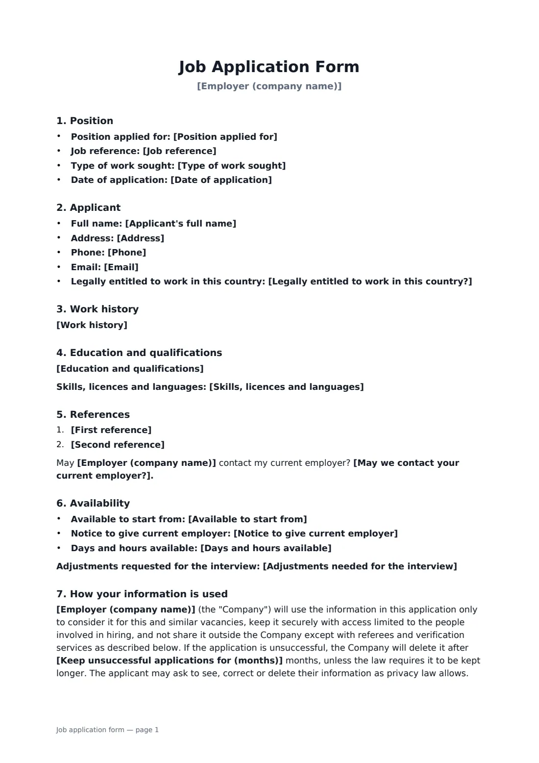 Job application form — page 1 of 2