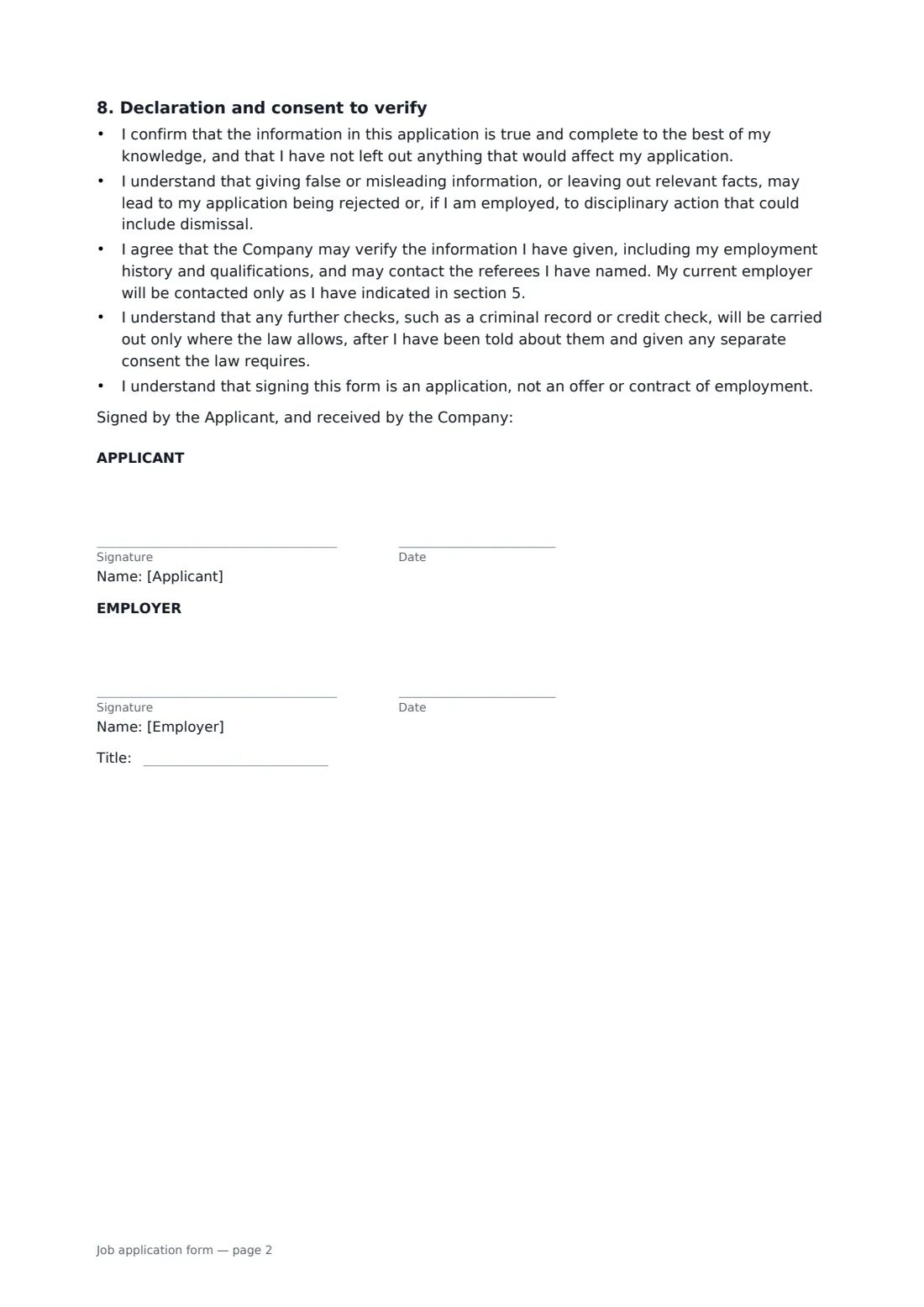 Job application form — page 2 of 2
