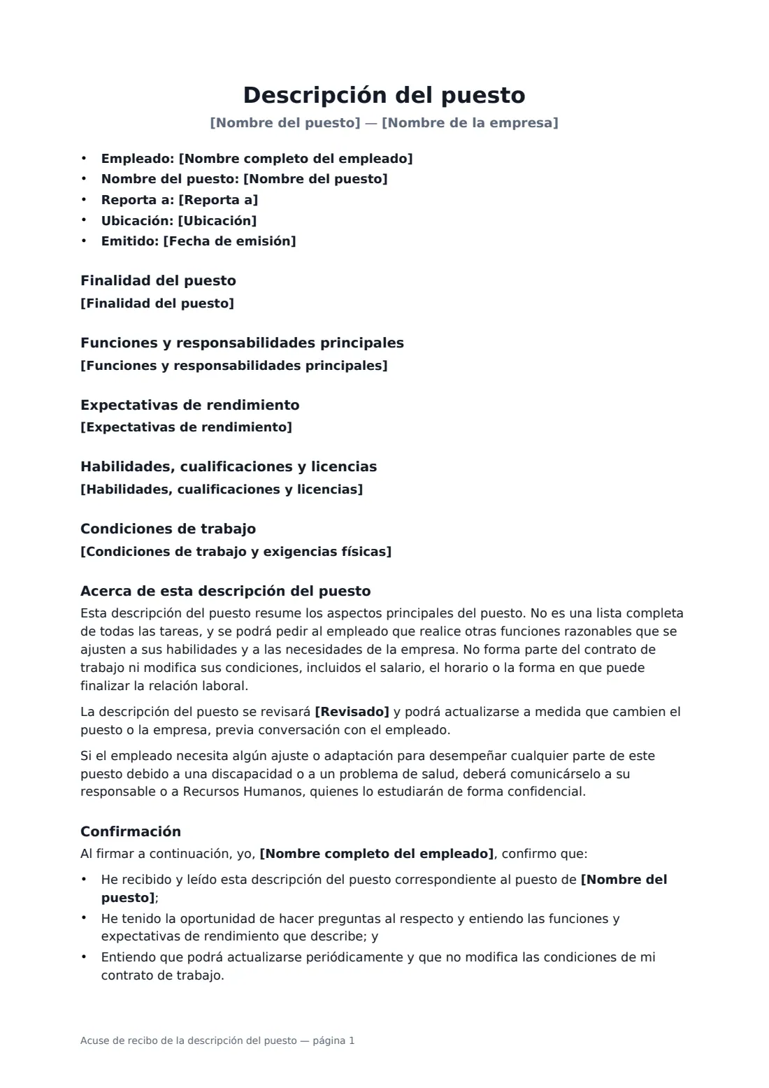 Acuse de recibo de la descripción del puesto: página 1 de 2