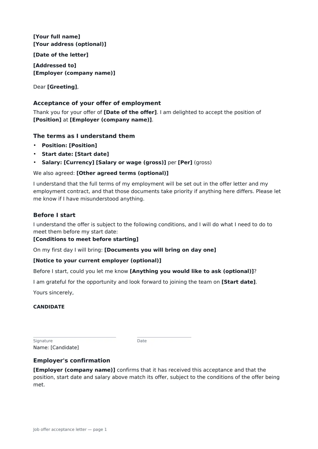 Job offer acceptance letter — page 1 of 2