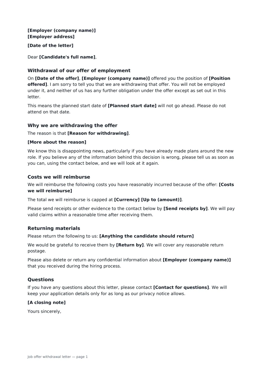 Job offer withdrawal letter — page 1 of 2