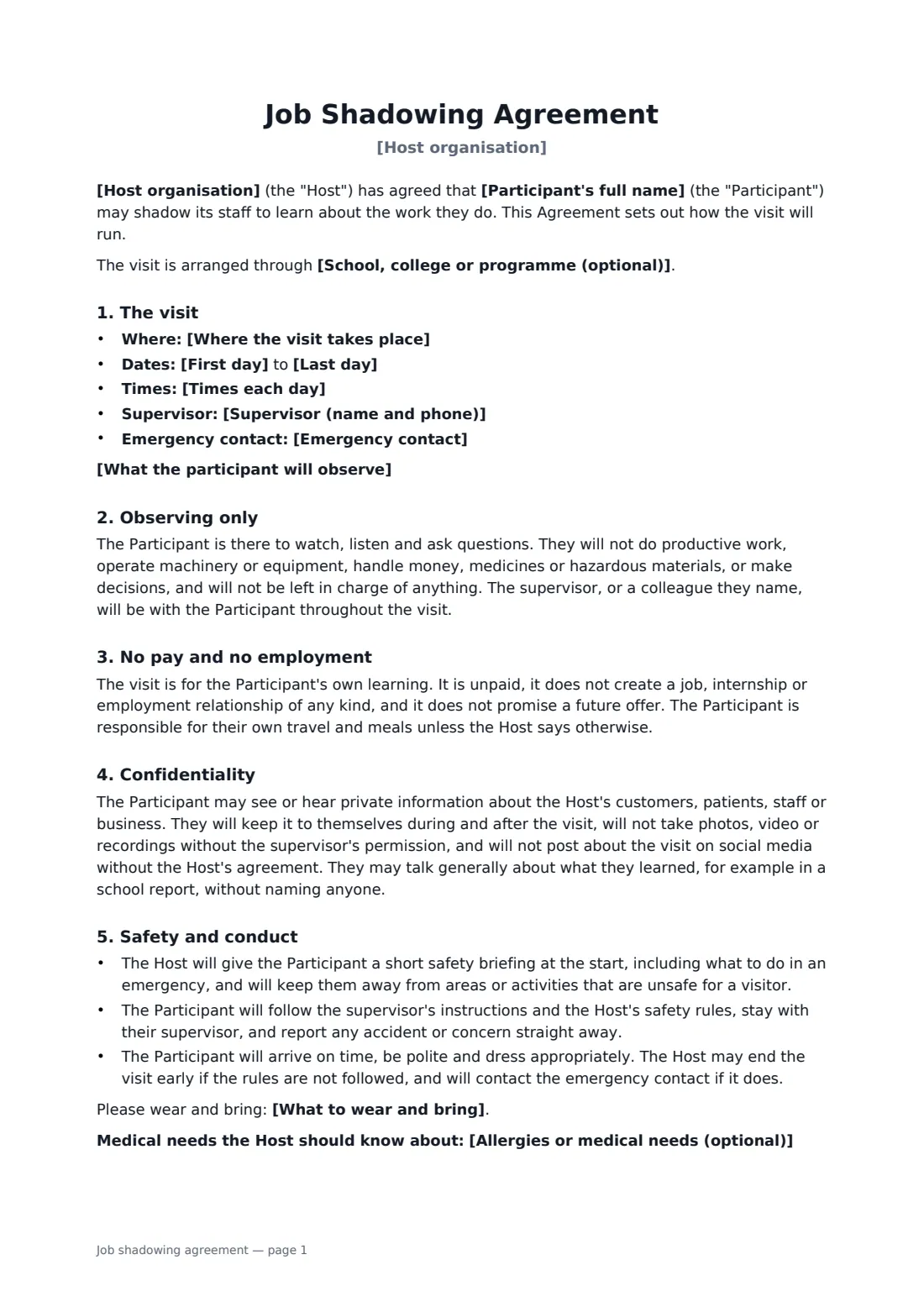 Job shadowing agreement — page 1 of 2