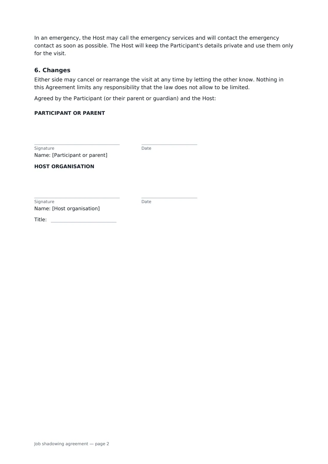 Job shadowing agreement — page 2 of 2