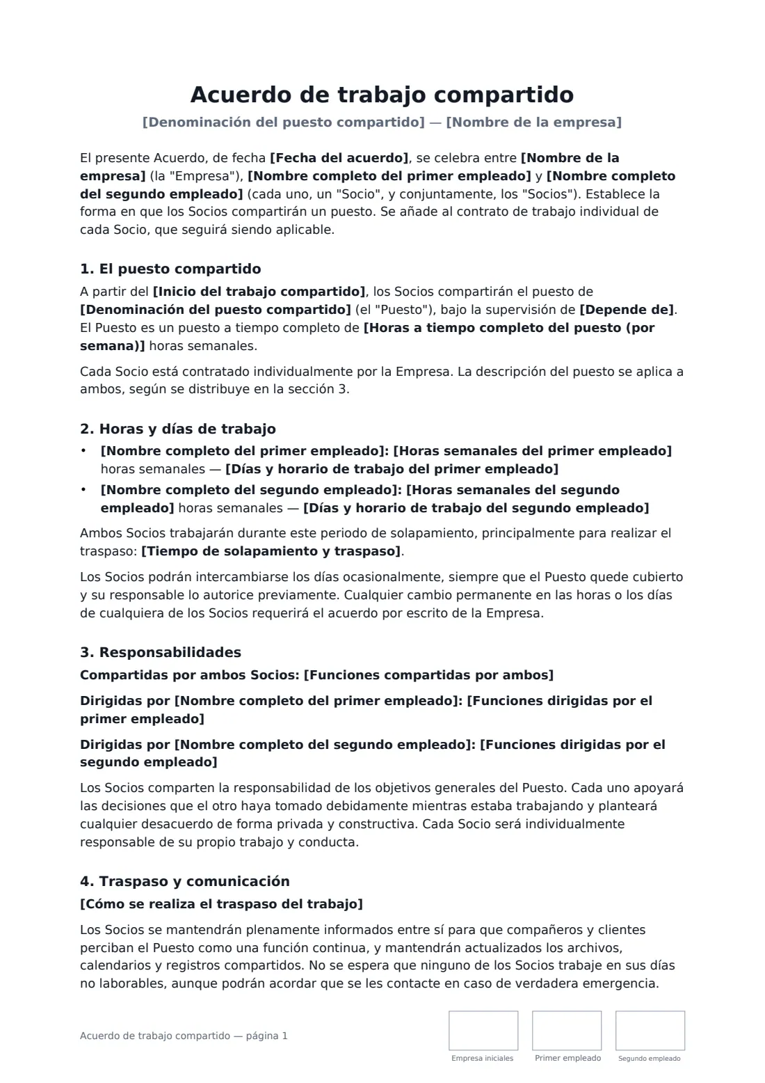 Acuerdo de trabajo compartido: página 1 de 3
