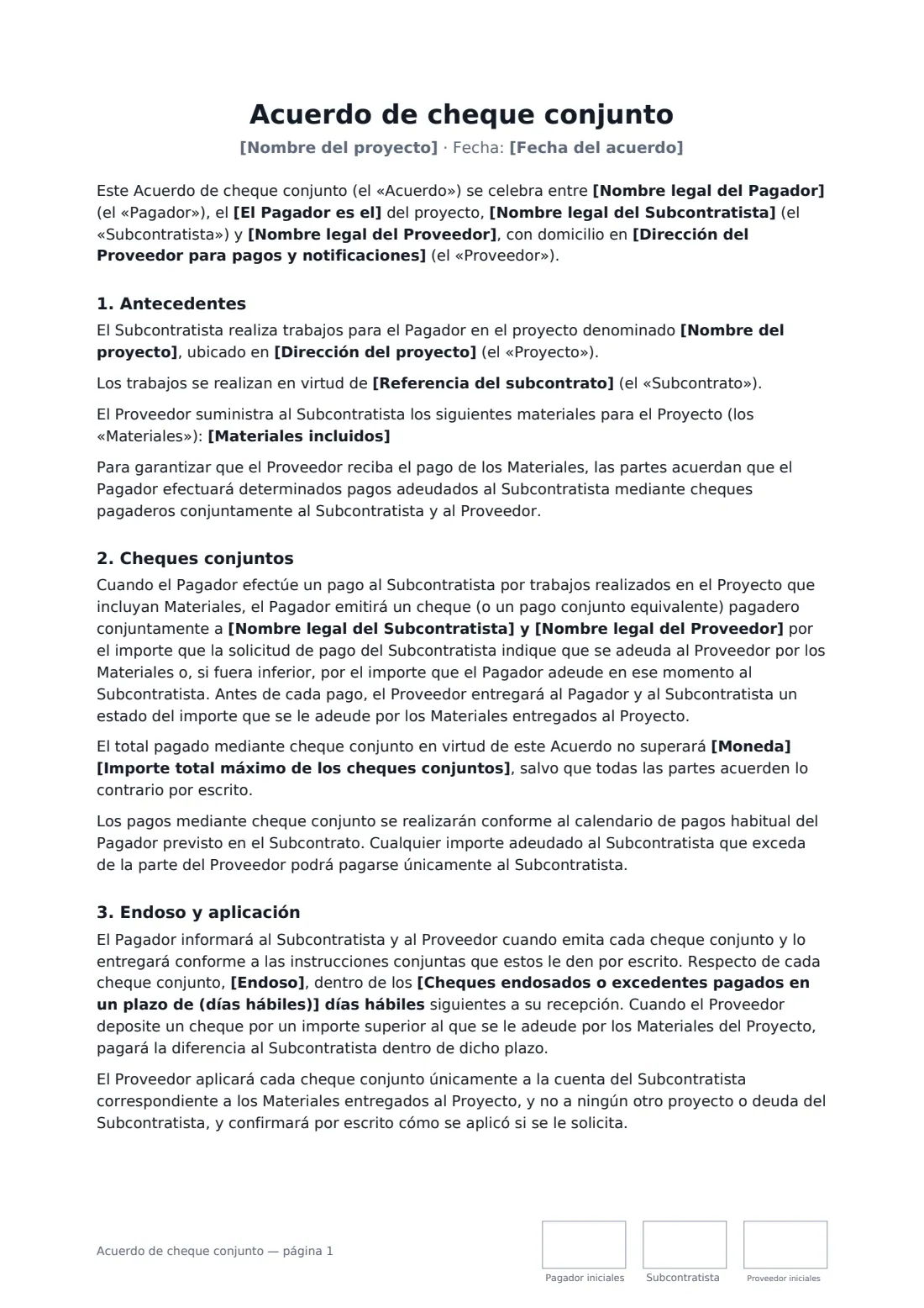 Acuerdo de cheque conjunto: página 1 de 3