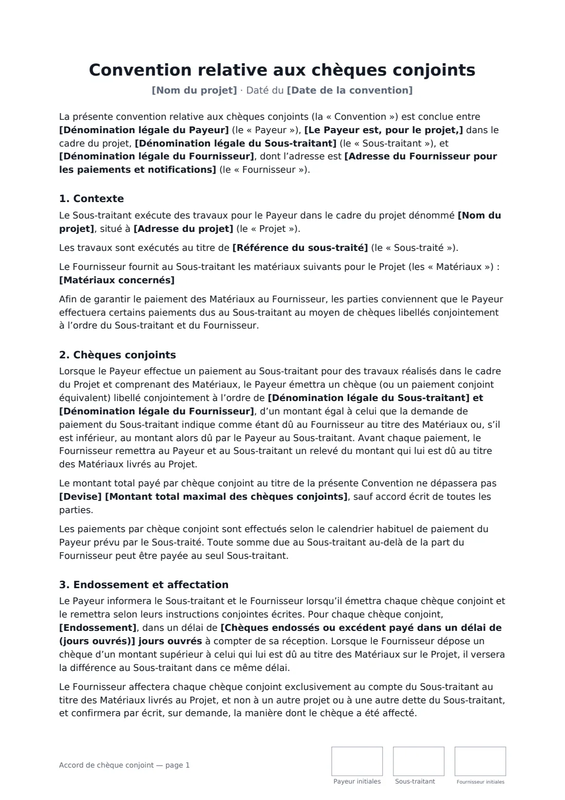 Accord de chèque conjoint — page 1 sur 3